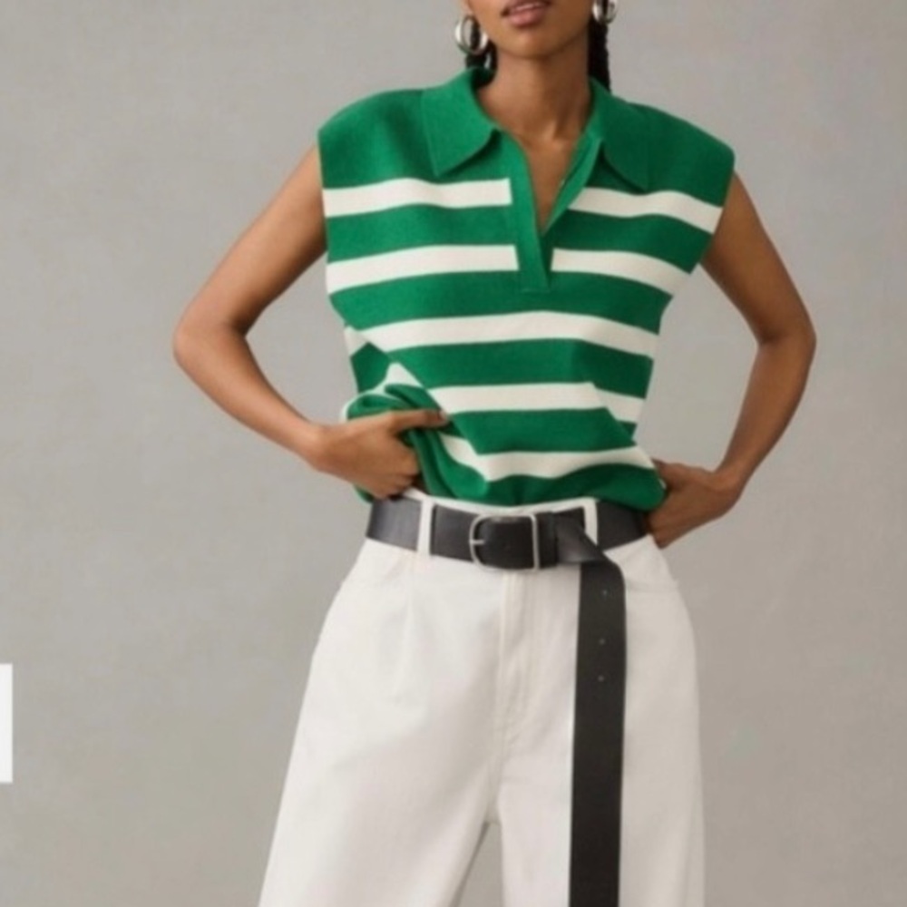 Maeve Anthropologie green and white striped collared sleeveless sweater vest top